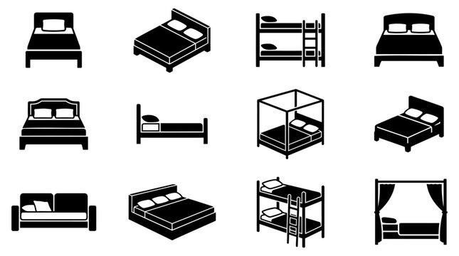 Set of black bed icons showing different furniture styles including bunk beds and canopy beds for bedroom design