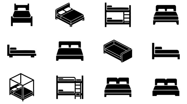 Set of black bed icons showing different types of furniture for bedroom and sleep