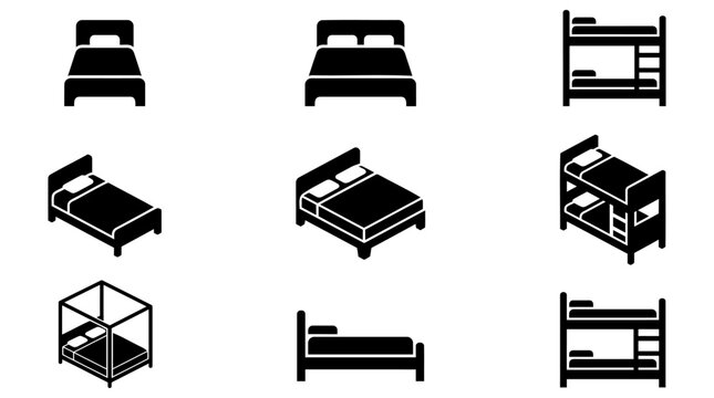Set of black bed icons including single double bunk and canopy bed styles for bedroom furniture design