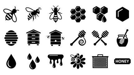 Set of black honey and bee icons featuring honeycomb hives dipper and nectar drops for beekeeping and nature design elements © Vectscape
