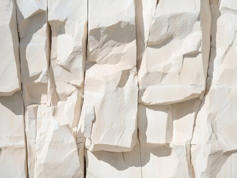 Close-up of a textured white stone wall with irregular, jagged vertical and horizontal cracks and shadows creating depth and contrast.