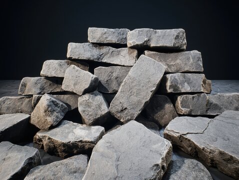 pile of irregular gray stone bricks stacked on a stone floor with a dark background.