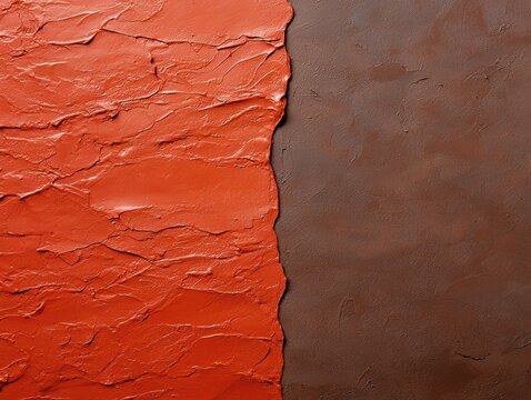 close-up image showing two textured surfaces, one painted bright orange and the other a dark brown, divided by an uneven vertical boundary.