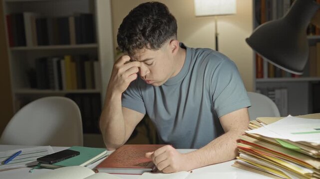 Young man rubbing hands and forehead over open notebooks, stacked folders and scattered papers beside a smartphone under a desk lamp in a studio at night; late night fatigue.