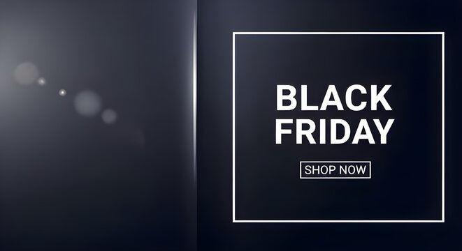 Black friday sale banner with elegant dark background, glowing light effect and white frame modern minimalist design for promotional marketing, ecommerce, and retail advertising