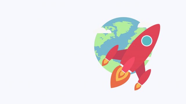 Animated red rocket flying into space from earth background.