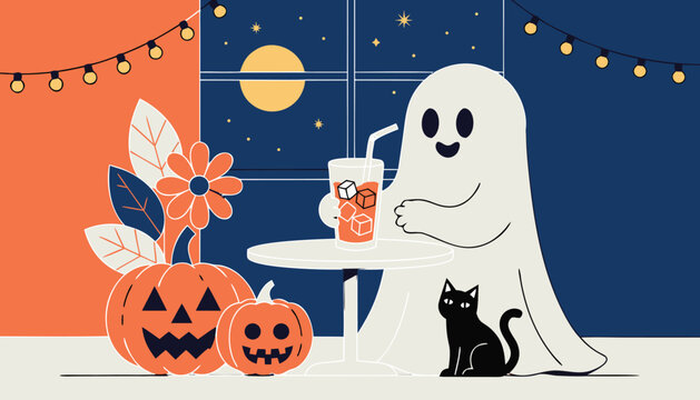 Cute ghost drinking juice with a black cat on Halloween