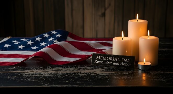 Memorial day background with american flag and candles on a rustic wooden table commemorative concept for honoring fallen soldiers and veterans with space for text