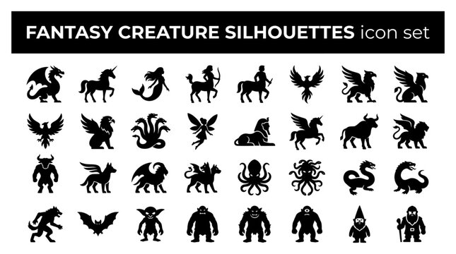 Set of black silhouettes of fantasy creatures and mythical monsters including dragon mermaid centaur griffon and phoenix icons