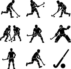 Naklejka premium Field hockey player silhouettes in action during a game with clean white background