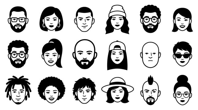 Set of diverse human face avatars and people head icons with different hairstyles and accessories in black and white line art style