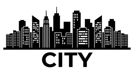 Obraz premium Black silhouette of a modern city skyline with tall buildings and skyscrapers featuring the word city written in bold capital letters below the urban view