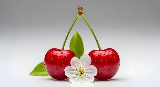 Two ripe red cherries with water droplets, a small white cherry blossom flower, and green leaves, closeup studio shot on a clean light grey background