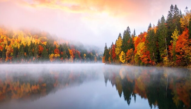 紅葉 秋 湖 朝霧 日の出 朝焼け 空 雲 森 木々 反射 水面 幻想的 神秘的 プレースホルダー 背景素材 自然 風景 絶景 癒し 季節 雄大