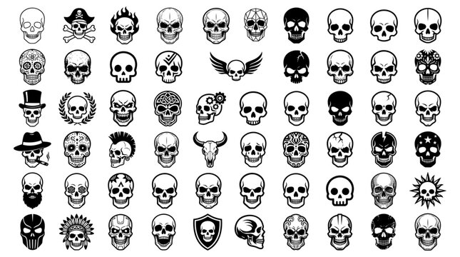 Collection of various skull icons and head character designs in a simple black and white line art style for graphic design projects