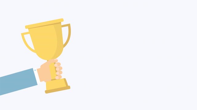 Business hand holding a golden trophy cup on a light background.