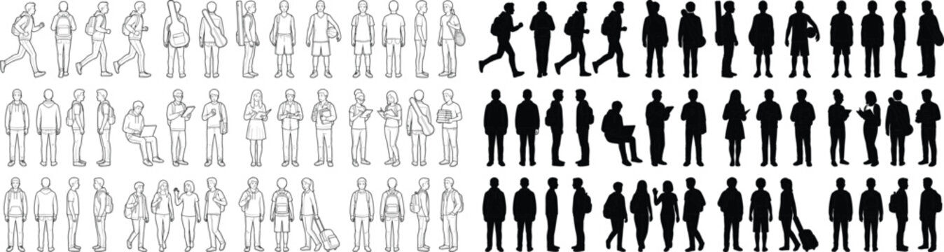 Student people silhouettes and outline collection with campus lifestyle poses and character reference