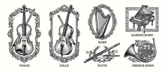 Vintage Musical Instruments Collection Engraving Style © din