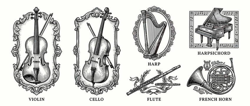 Vintage Musical Instruments Collection Engraving Style