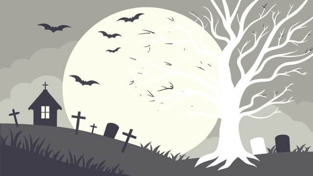 Spooky halloween graveyard with full moon and flying bats