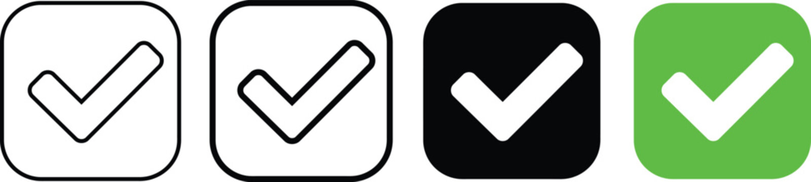 Four checkmark icons in white black gray green vector
