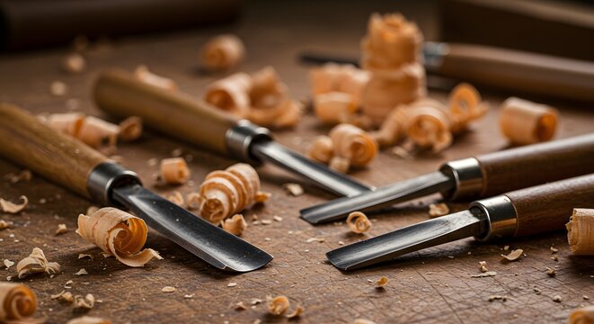 Woodworking Chisels on Wooden Work Surface with Wood Shavings