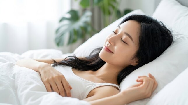 Young asian woman sleeping peacefully in bed with white bedding