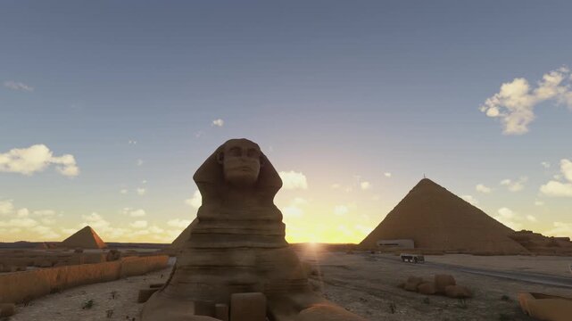 Side aerial shot at sunset of the Great Sphinx of Giza in Al Haram. Egypt