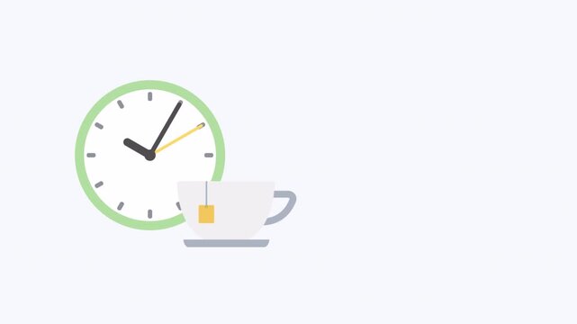 Minimalist clock and tea cup illustration representing time for a tea break.