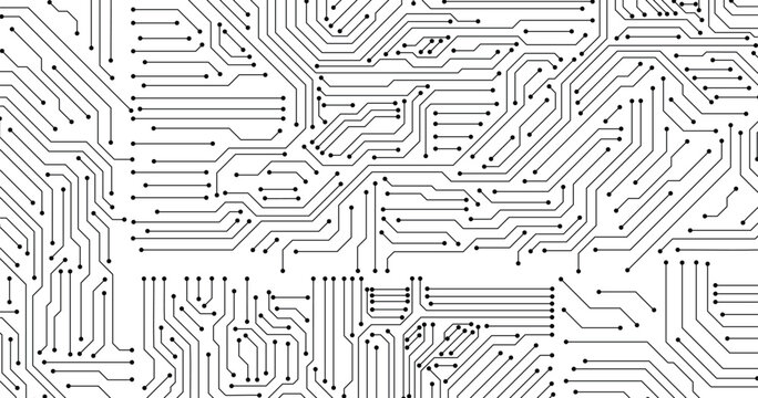 Circuit Board Technology Abstract Background  illustration. Seamless digital technology background with white backdrop.