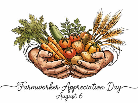 Hands holding fresh harvest vegetables isolated on a white background for a farmworker appreciation day themed celebration.