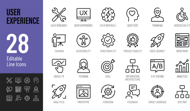 User experience UX and UI design line icons set for web development interface optimization product testing research prototyping and workflow strategy vector,