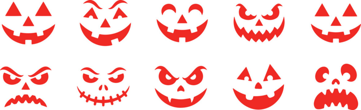 Set of ten different scary and funny Jacko lantern faces for Halloween pumpkin carving, vector illustration collection of spooky and happy expressions