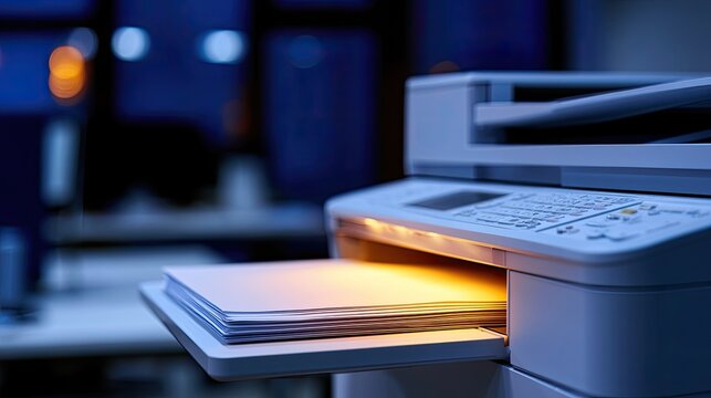 Modern Office Printer Printing Documents with Warm Light Glow.