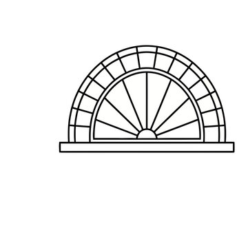 Arched window with radial and grid pattern