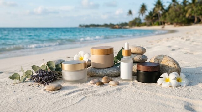 Natural organic skincare products arranged on a tropical sandy beach with ocean waves and palm trees background