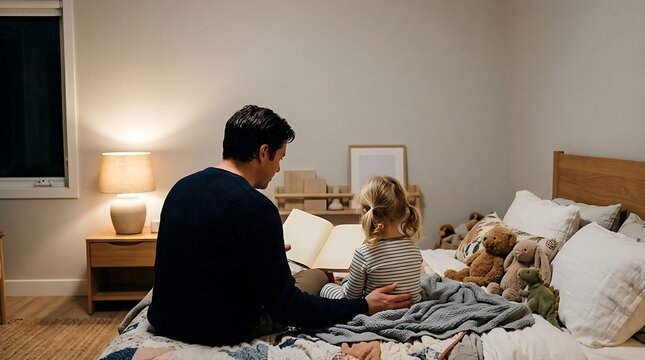 A loving father sitting on the bed with his young daughter in the bedroom reading a book together before sleep