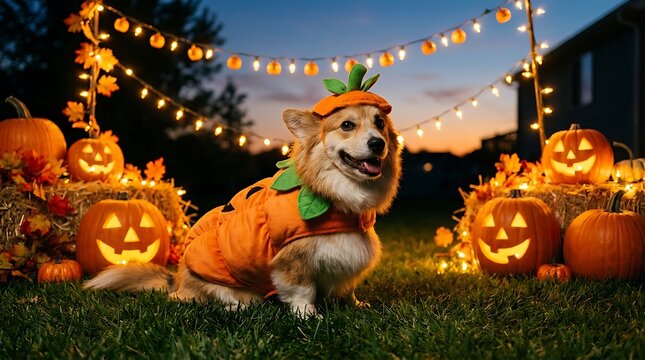 Cute golden retriever dog lying in autumn pumpkin patch during Halloween. Happy playful pet posing with jack-o'-lanterns in outdoor fall harvest fe...
