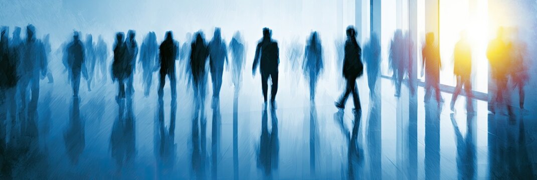 Blurred silhouettes of people walking in a modern, bright, and spacious interior with reflections on the floor.
