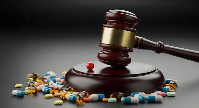 Wooden judge gavel with various pharmaceutical pills and medicine capsules on dark background, representing healthcare law, medical litigation, drug regulation, legal issues in medicine and health