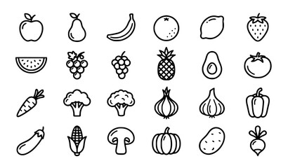 Fresh fruits and vegetables line icon set featuring organic apple banana orange grape pineapple avocado carrot broccoli pumpkin mushroom and pepper symbols for grocery menu design layouts © Mdanowrul