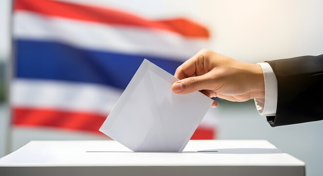 Thai citizen casting vote in national election, exercising democratic right. Hand placing ballot into box with blurred Thailand flag, symbolizing civic duty, political participation, and government