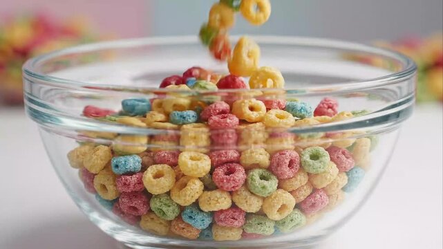 Pouring Brightly Colored Cereal Loops into a Clear Glass Bowl