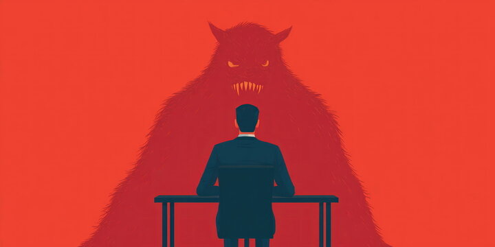 Businessman Sitting at Desk with Large Red Monster Shadow Representing Workplace Anxiety and Professional Stress Digital Illustration