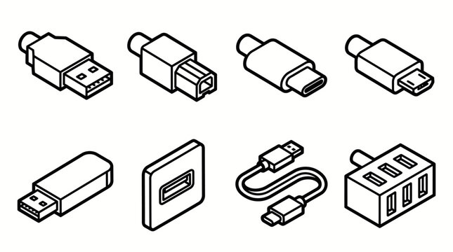 Isometric usb connectors and ports outline icon set