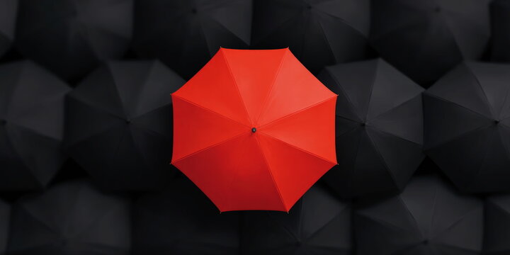 Single bright red umbrella standing out among crowd of black umbrellas representing individuality and power of being different in group