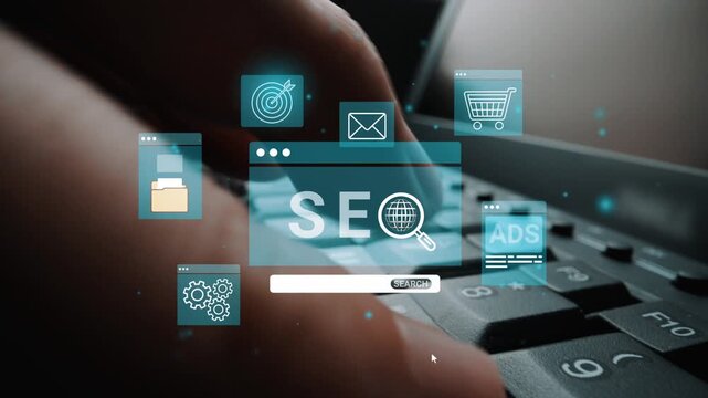 Digital Marketing Concept with SEO Icons and Keyboard Background for Online Business Growth and Strategic Advertising Solutions. Entropy.