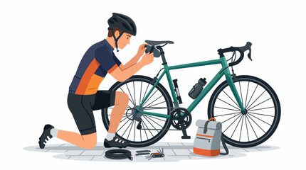 Fototapeta premium Cyclist Adjusting Bicycle: A determined cyclist kneels to adjust his road bike, surrounded by essential gear for a ride, highlighting preparedness and the joy of cycling.