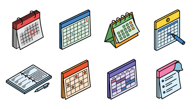 Isometric calendar and planner icons for business organization