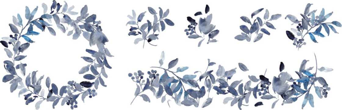 ブルーの水彩ボタニカルフレーム・リース・ライン装飾セット　エレガントな植物デザイン素材
Elegant Blue Watercolor Botanical Frame, Border and Wreath Collection